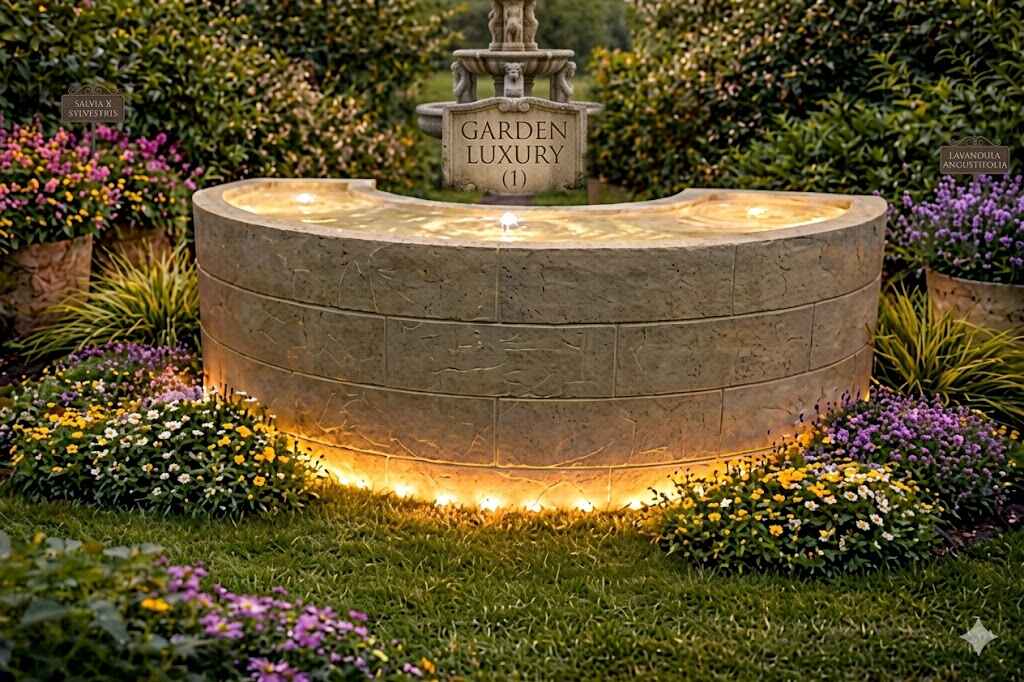 Modern Curved LED Water Fountain  Minimal Garden Luxury