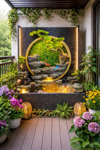 Modern Circular Zen Wall Fountain with LED Lights & Bonsai Design