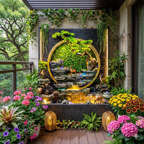 Modern Circular Zen Wall Fountain with LED Lights & Bonsai Design